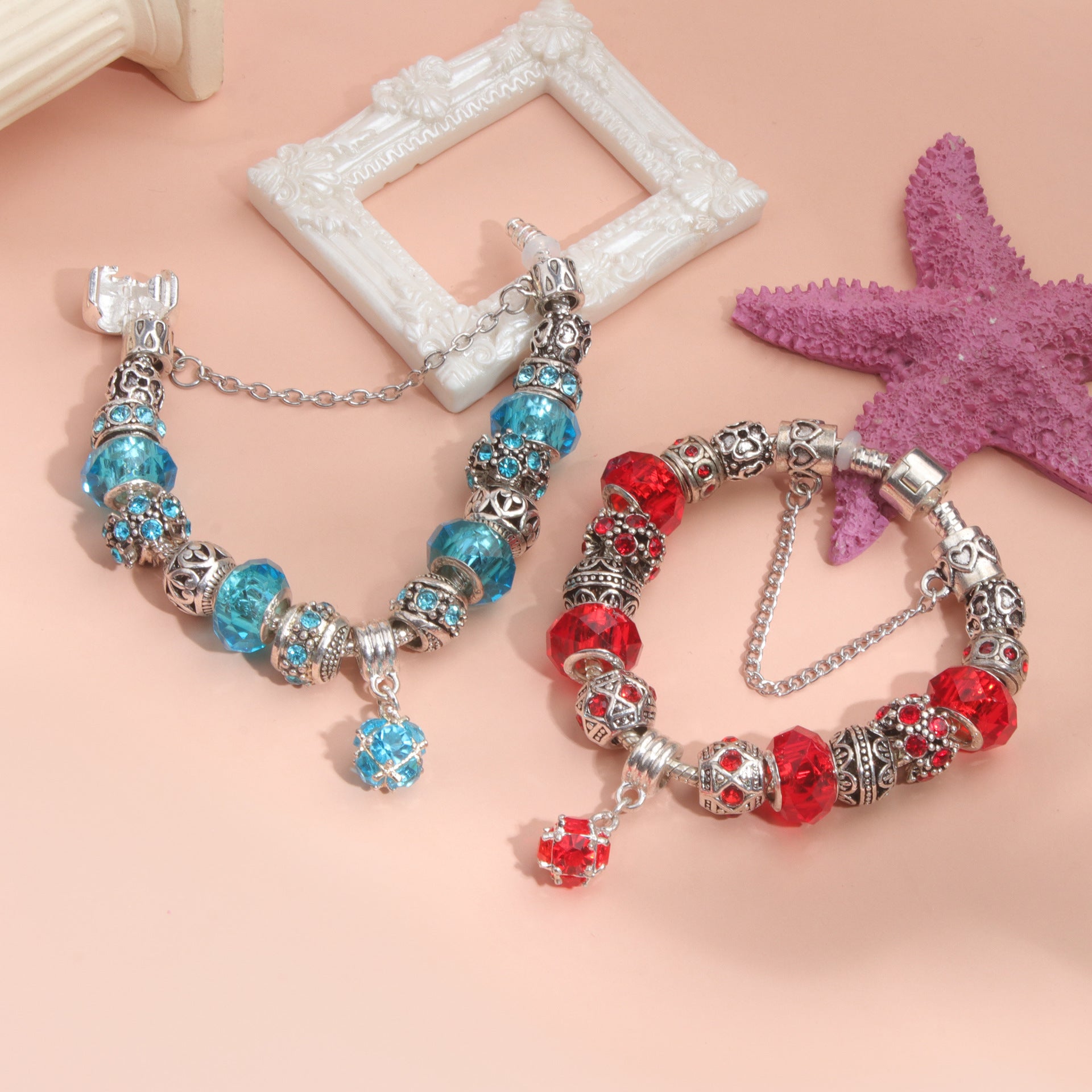 Ethnic Crystal Bead DIY Bracelet blue Alloy Electroplated Big Bead Bracelet(20cm)