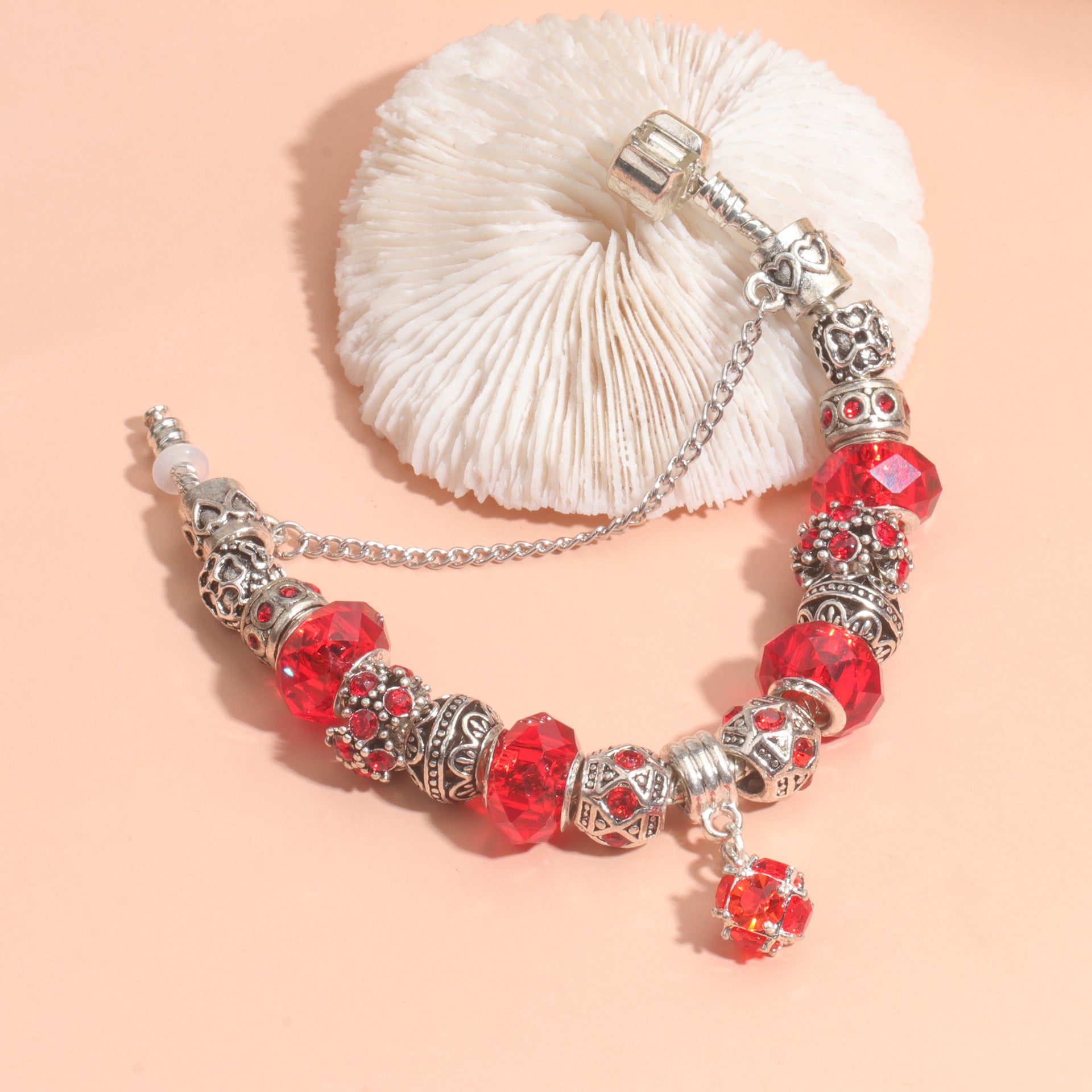 Ethnic Crystal Bead DIY Bracelet Red Alloy Electroplated Big Bead Bracelet(20cm)