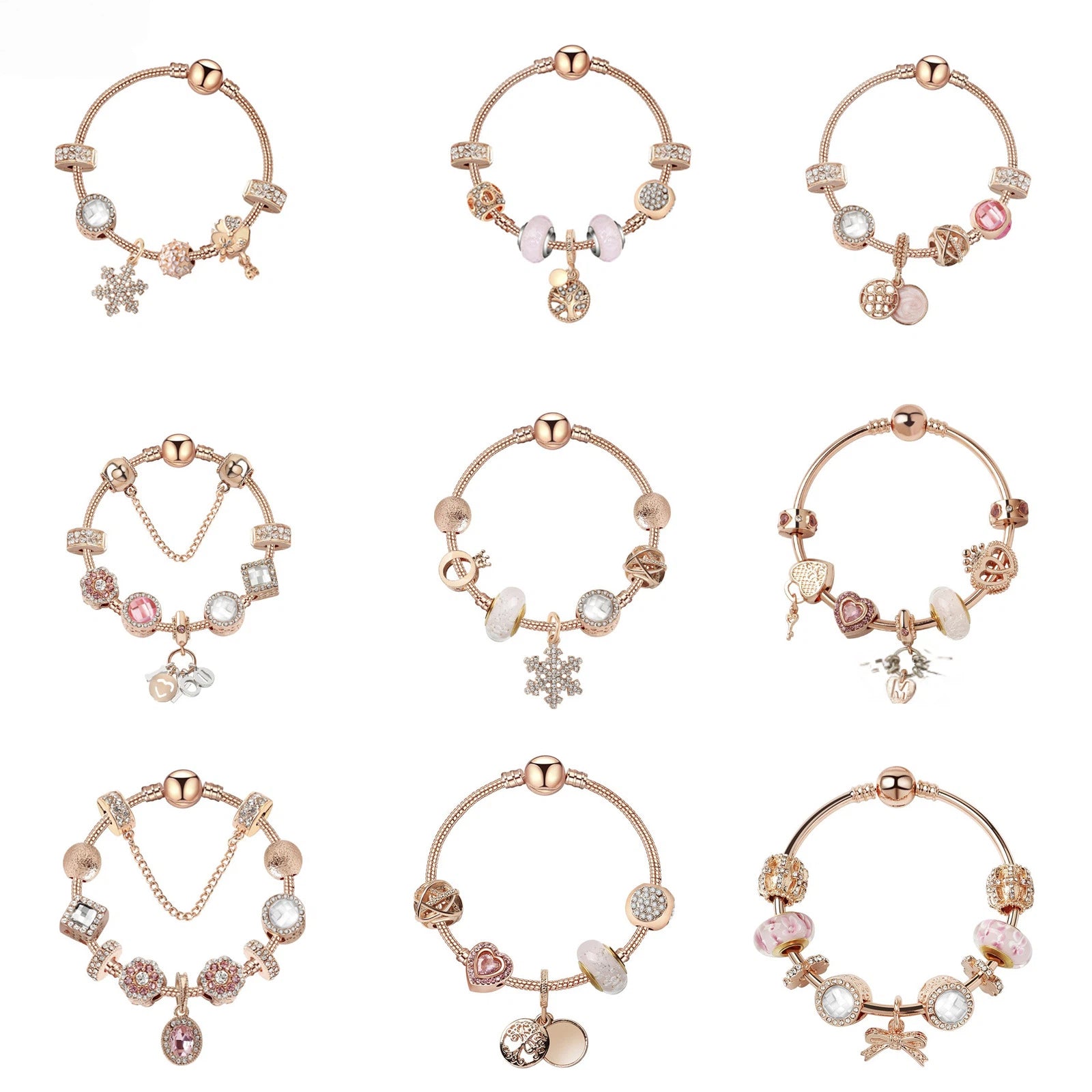 Rose Gold Snowflake Pendant Bracelet with Crystal Zircon, Crown & Glass Charms – Glamorous Sweet-Style Alloy Bracelet(18cm)