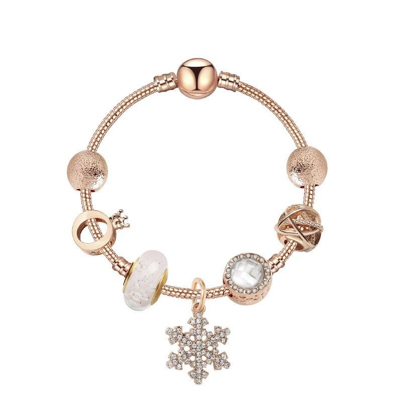 Rose Gold Snowflake Pendant Bracelet with Crystal Zircon, Crown & Glass Charms – Glamorous Sweet-Style Alloy Bracelet(20cm)