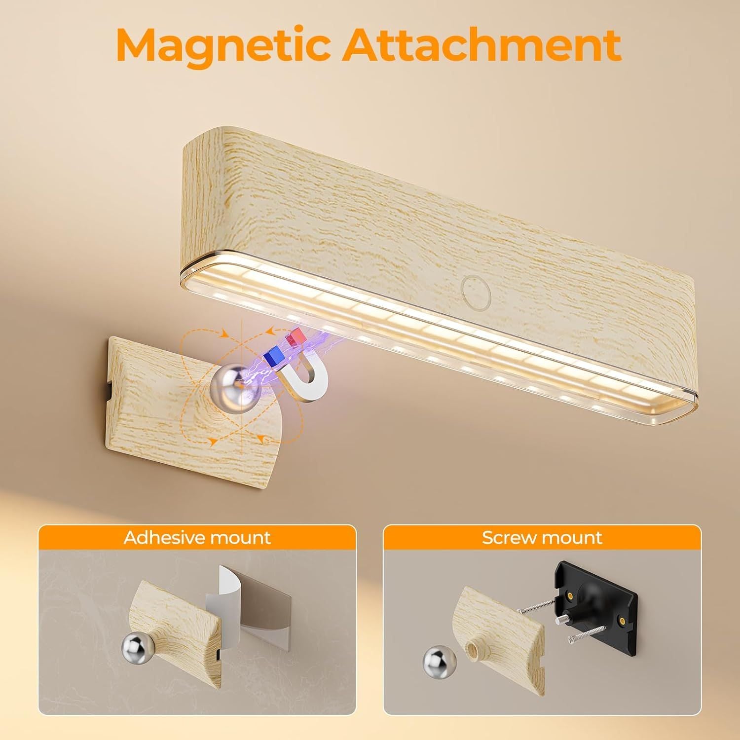 Magnetic Wireless Battery Operated Wall Sconce, Rechargeable Remote Control & Touch Control Wall Sconces Set of Two, 3-Color Temperatures LED Wall Lights, 360° Rotatable (Beech, 2-Pack)