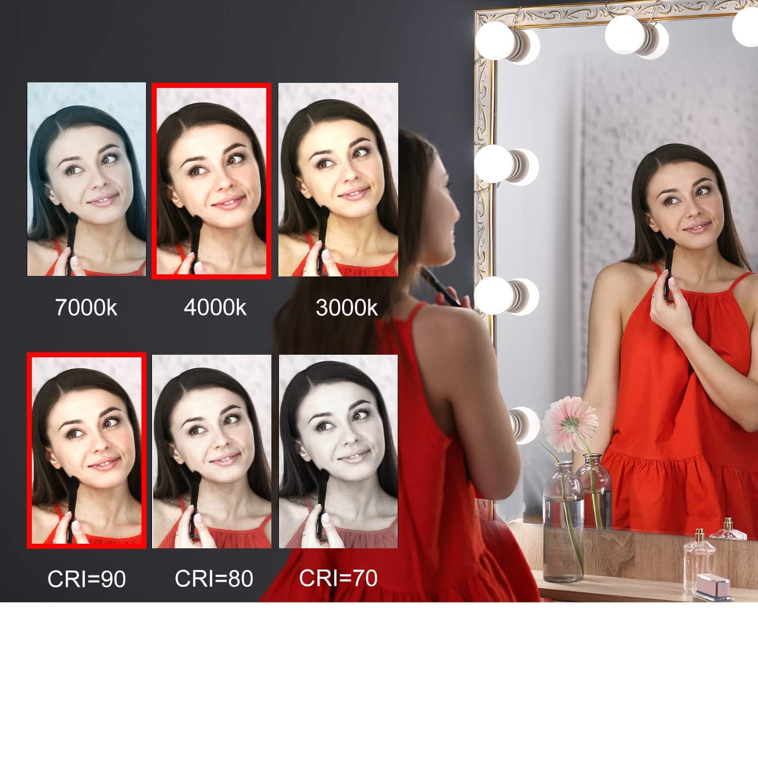 Dimmable Hollywood Style Lighted Vanity Makeup Mirror, LED Vanity Mirror Lights Kit with USB Port for Dressing Table, Mirror Not Included (4000K Natural White 6 Bulbs 5V USB)