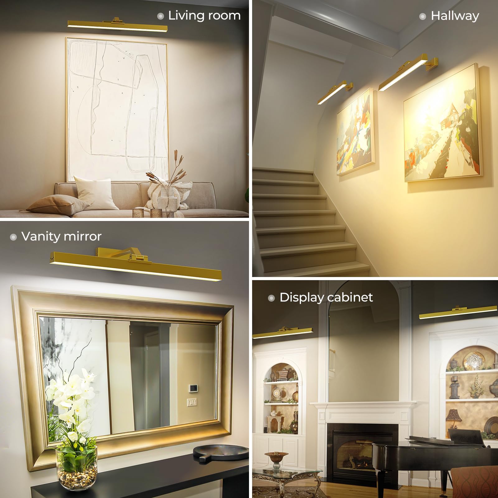 Wall Picture Light, 24in Battery-Powered Gallery Light for Artwork, CCT Dimmable Rechargeable Battery Wall Lamp with Remote Control for Living Room, Gallery, and Dartboard (Gold)