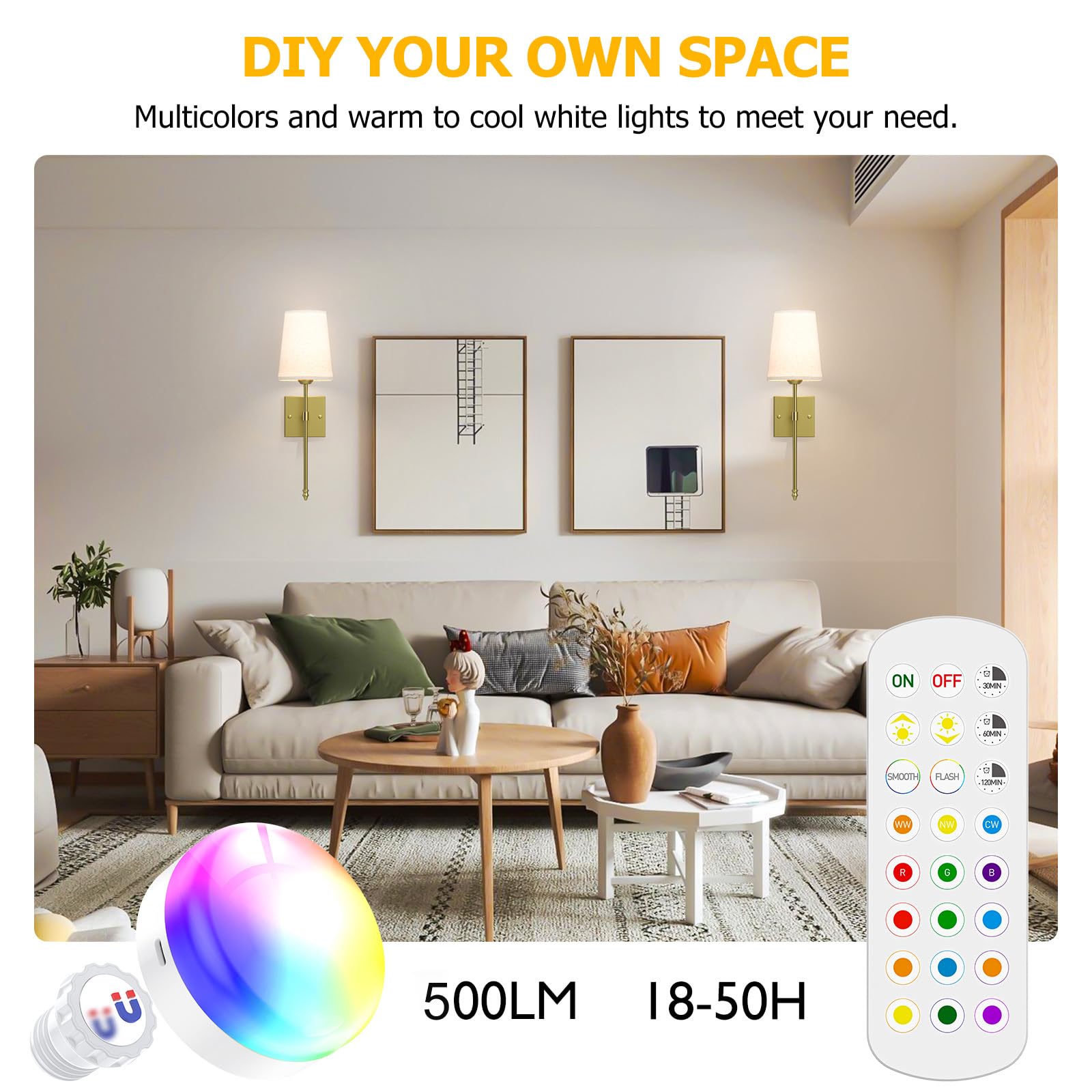 Battery Operated Wall Sconce, 5000mAh Rechargeable Dimmable RGB Wall Sconce Set of 2 with Remote, 3 Color Temperature Indoor Battery Powered Wall Lamp Light for Bedroom Living Room