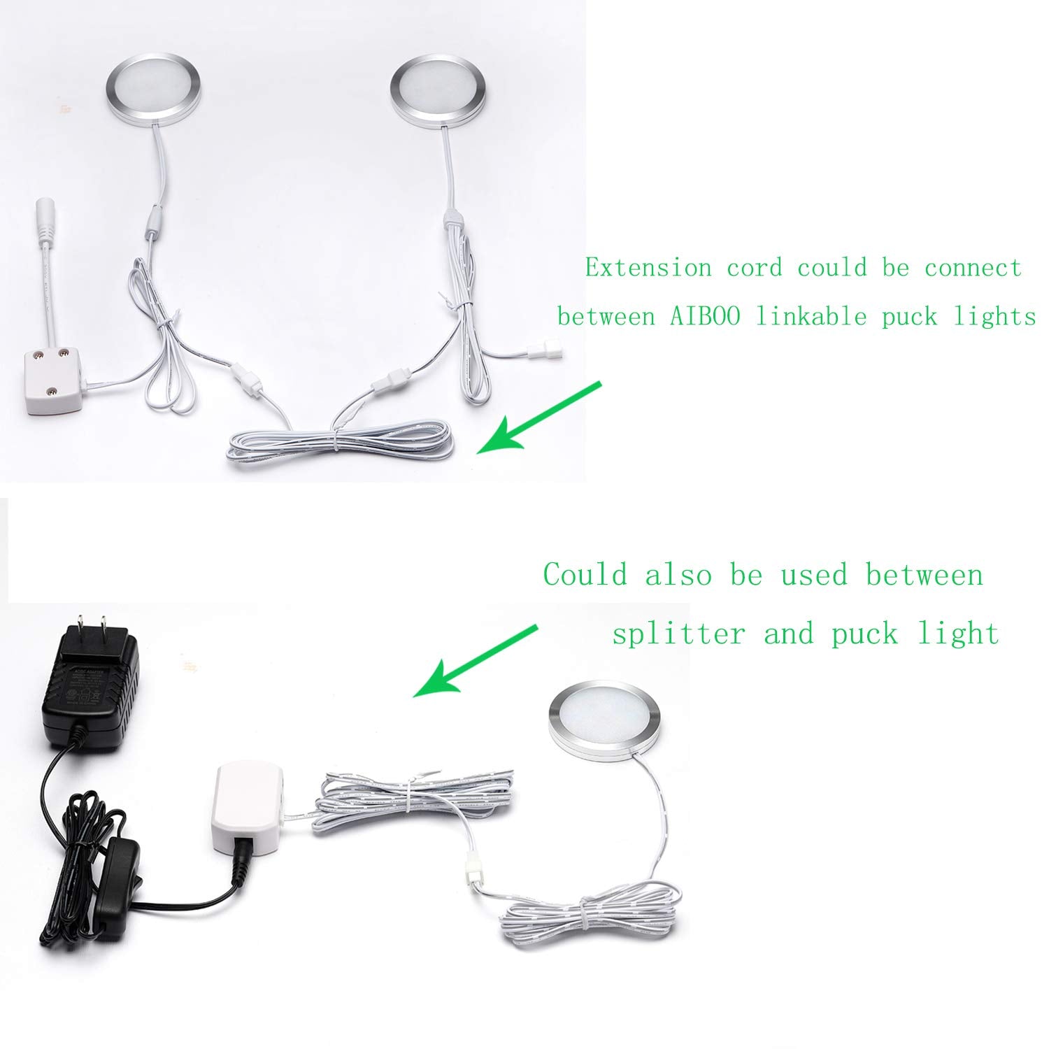 Extension Cables 9.84FT LED Under Cabinet Puck Lighting, 2-Pin Male and Female Cable Connector Extension Cords for Led Puck Lights with White Cords (6 Pack) 2-PIN ONLY