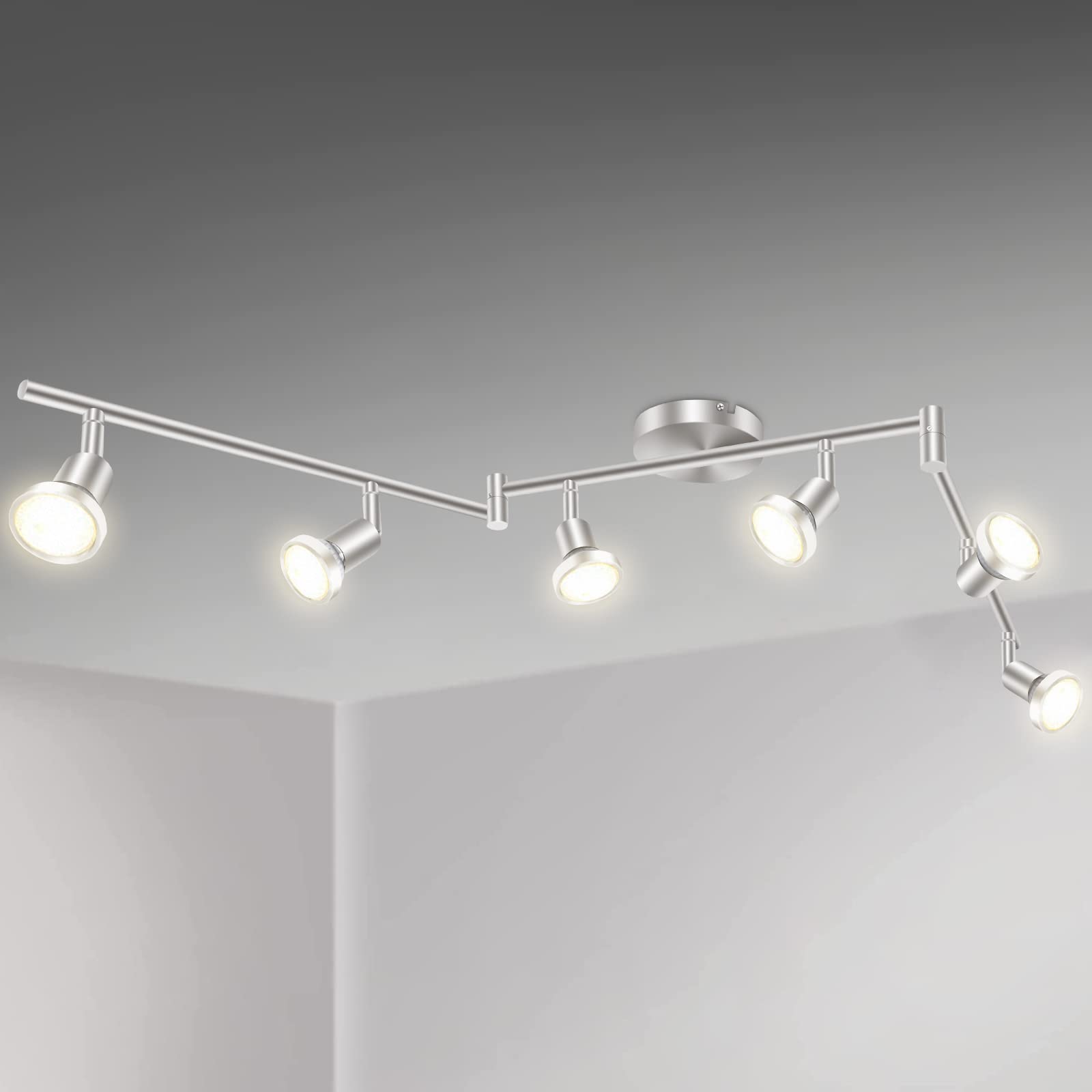 LED Ceiling Light 6 Way Rotatable Spot Lights for Ceiling,Flexible Ceiling Lights for Bedroom,Living Room,Nickel with Protectiv Bulb Trims(Gu10 Bulbs Not Included)