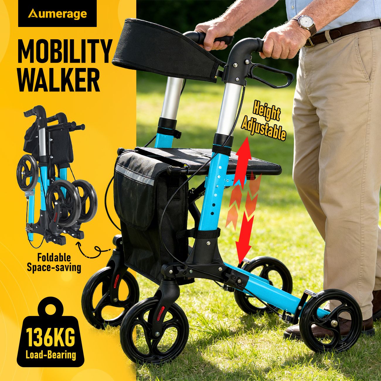 Foldable Aluminium Rollator Walker With Seat & Storage Bag, Adjustable Handles, 8" Wheels, Lightweight Walking Frame(66x60x93cm)
