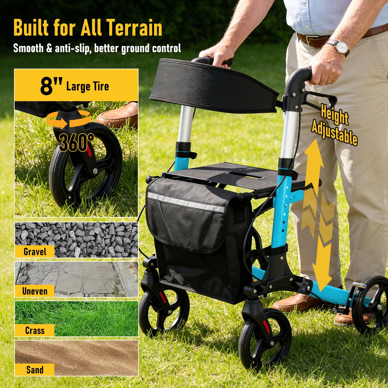 Foldable Aluminium Rollator Walker With Seat & Storage Bag, Adjustable Handles, 8" Wheels, Lightweight Walking Frame(66x60x93cm)