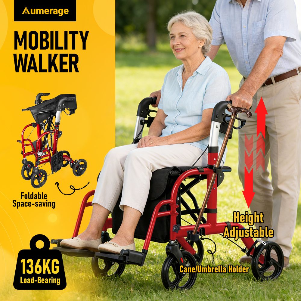 2-in-1 Foldable Aluminium Rollator Walker with Seat, Adjustable Handles, Storage Bag, 136kg Capacity(97x85x95cm)