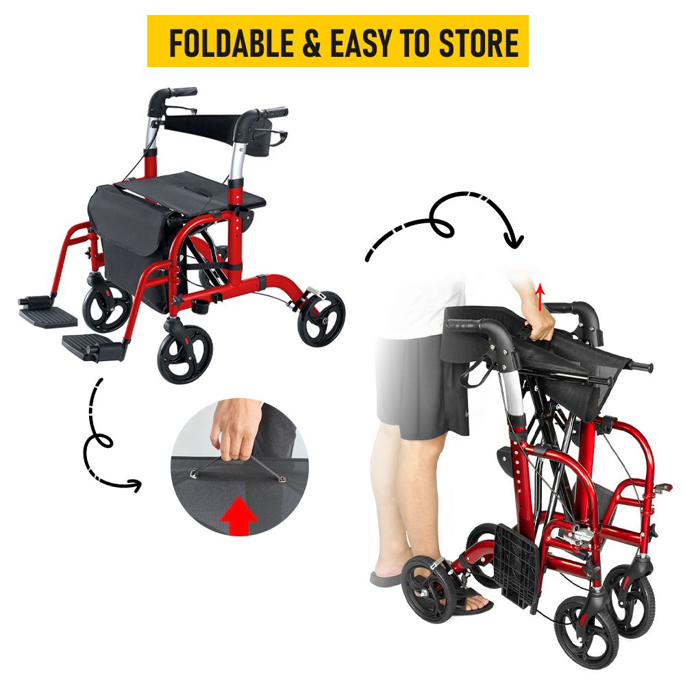2-in-1 Foldable Aluminium Rollator Walker with Seat, Adjustable Handles, Storage Bag, 136kg Capacity(97x85x95cm)