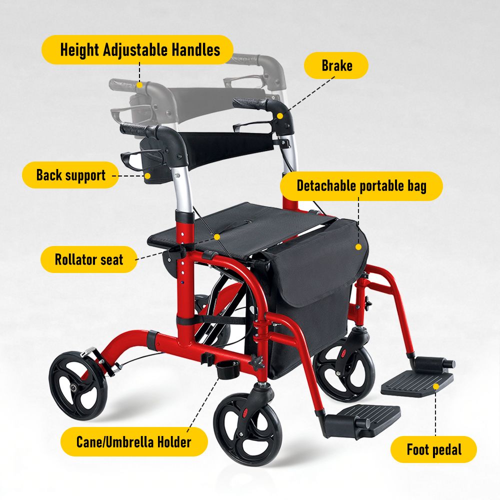 2-in-1 Foldable Aluminium Rollator Walker with Seat, Adjustable Handles, Storage Bag, 136kg Capacity(97x85x95cm)