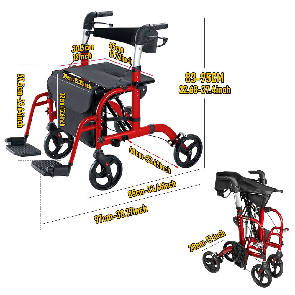 2-in-1 Foldable Aluminium Rollator Walker with Seat, Adjustable Handles, Storage Bag, 136kg Capacity(97x85x95cm)