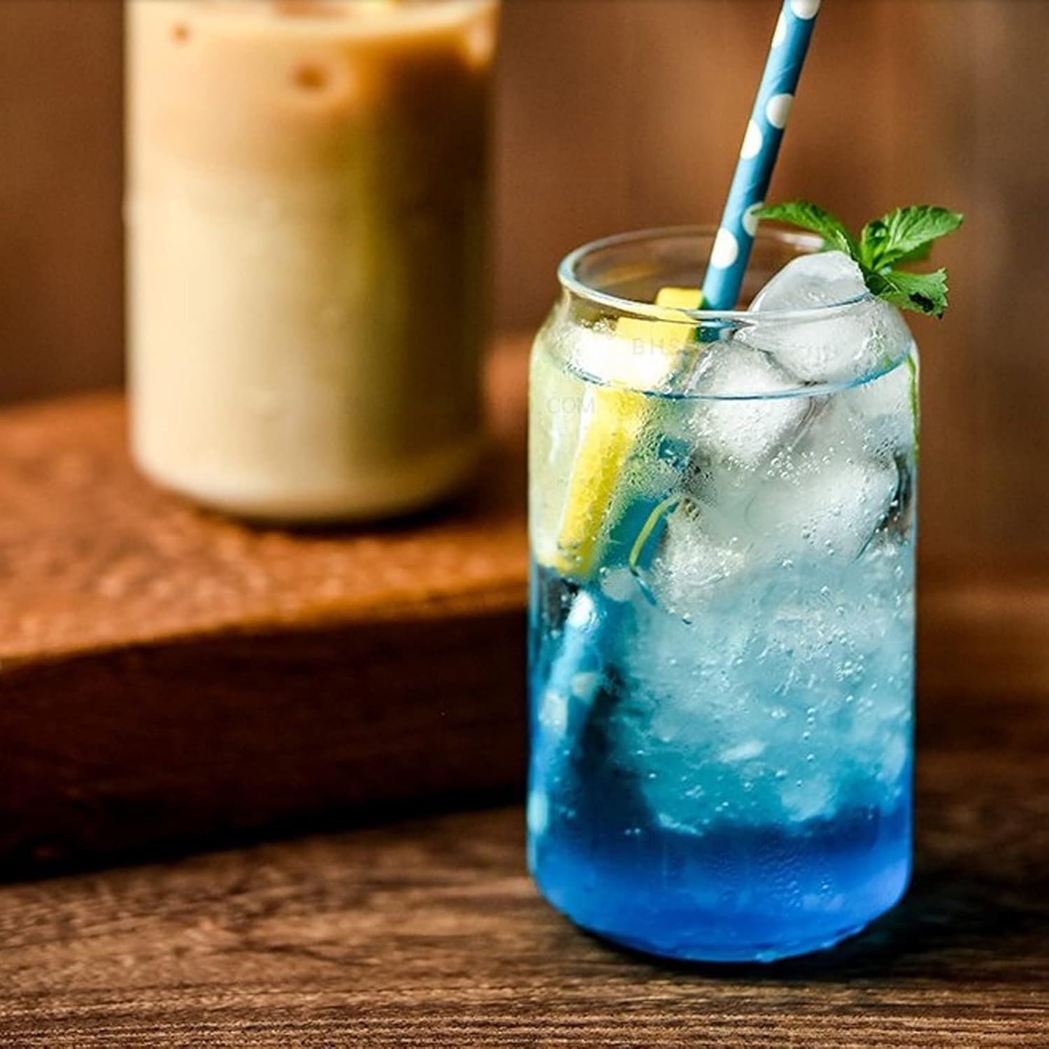 Beer Can Shaped Glass with Bamboo Lid and Straw 500ml 2 pcs for Coffee Milk Cocktail