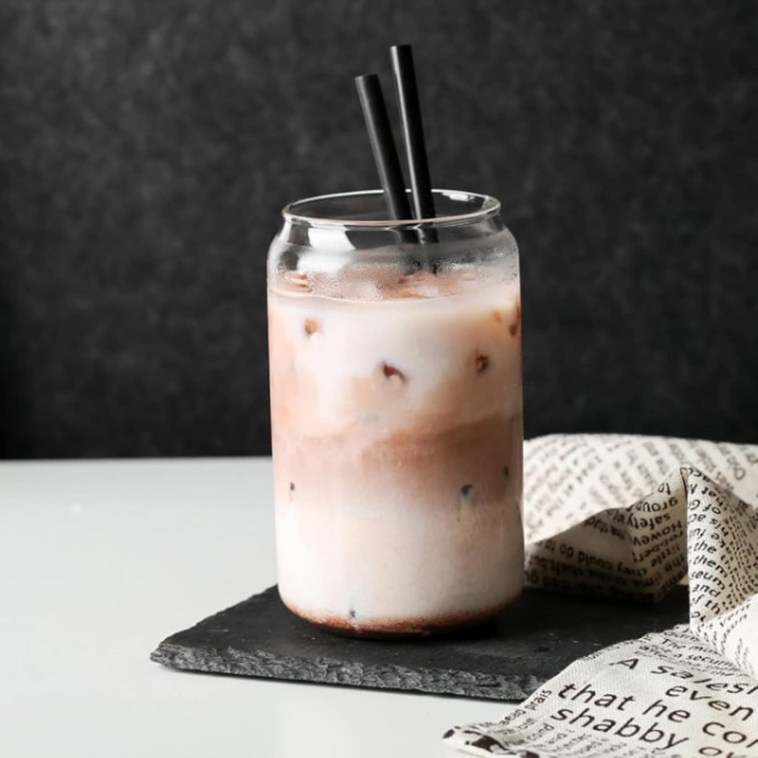 Beer Can Shaped Glass with Bamboo Lid and Straw 500ml 2 pcs for Coffee Milk Cocktail