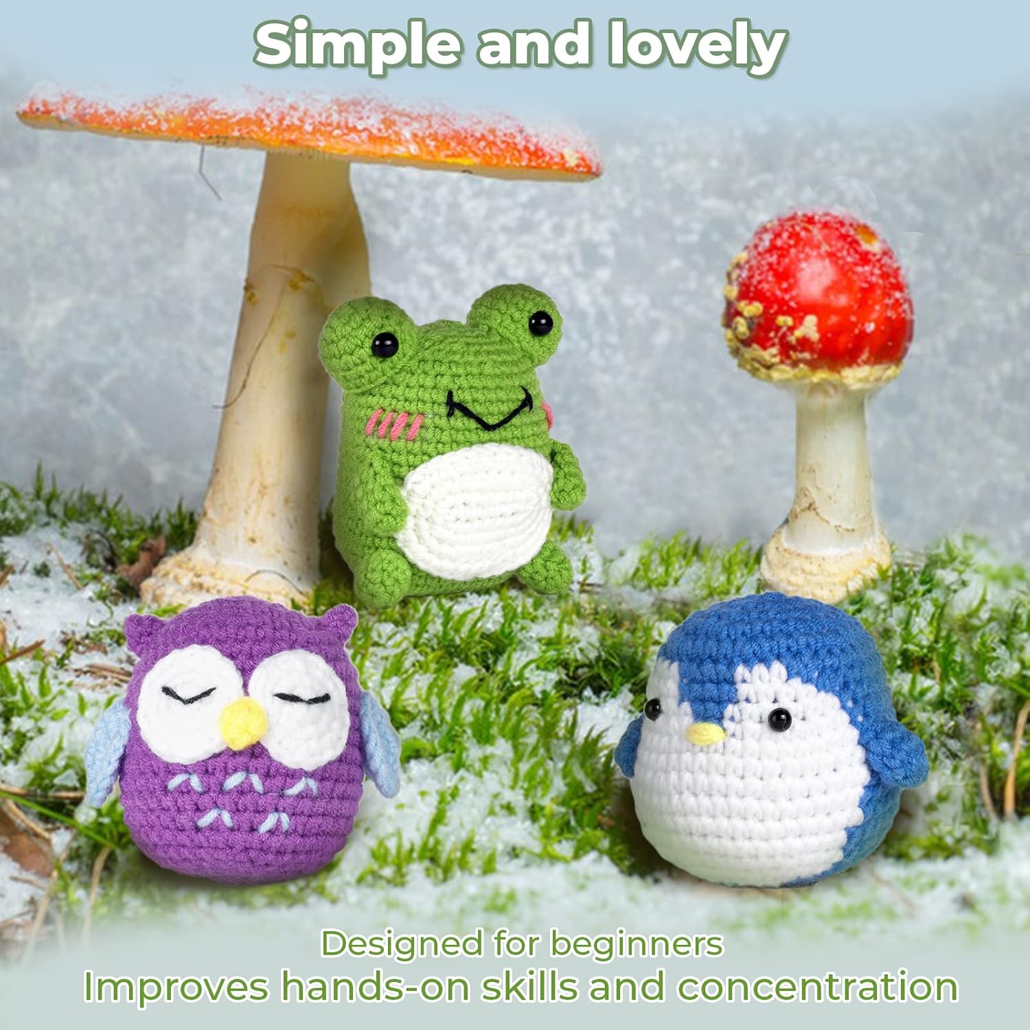 Crochet Kit for Beginners Pattern Animals Owl Penguin Frog with Yarn Hook Accessories
