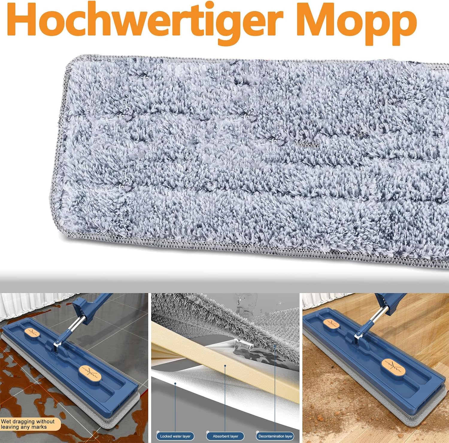 360 Degree Rotatable Mop for Hardwood Floors, Compatible with Microfiber Pads, Blue + 2 Pads