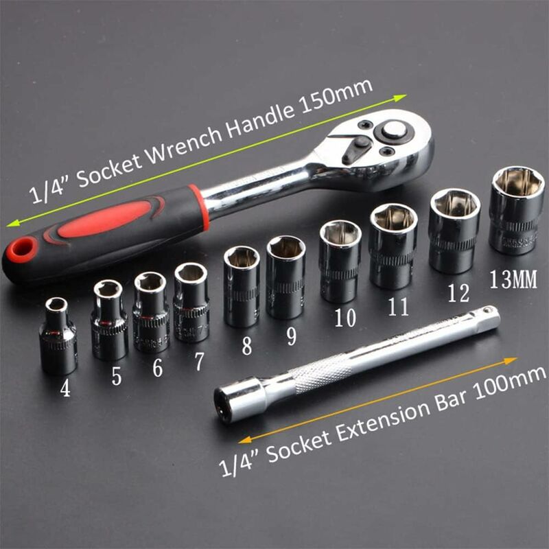 12 Piece 6.35Mm Ratchet Wrench Set, Mechanics Tool Kit & Sockets With Quick Release Reversible Ratchet Handle &