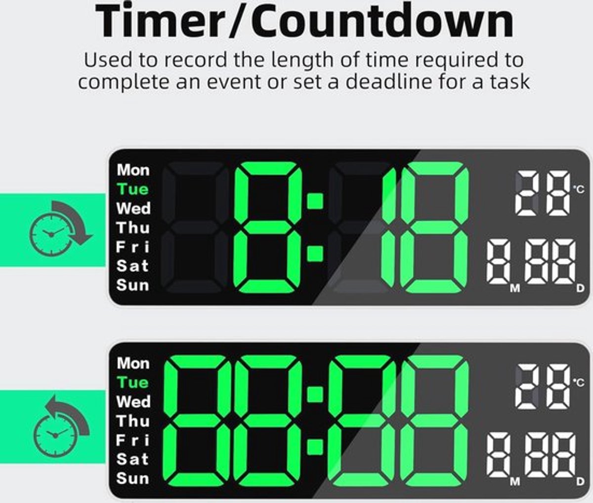 Digital Clock - Wall Clock - LED Display - 13-inch LED Digital Clock - Remote Control - Modern Design - Adjustable Brightness - Time, Date, Temperature - Living Room, Kitchen, Office, Gym