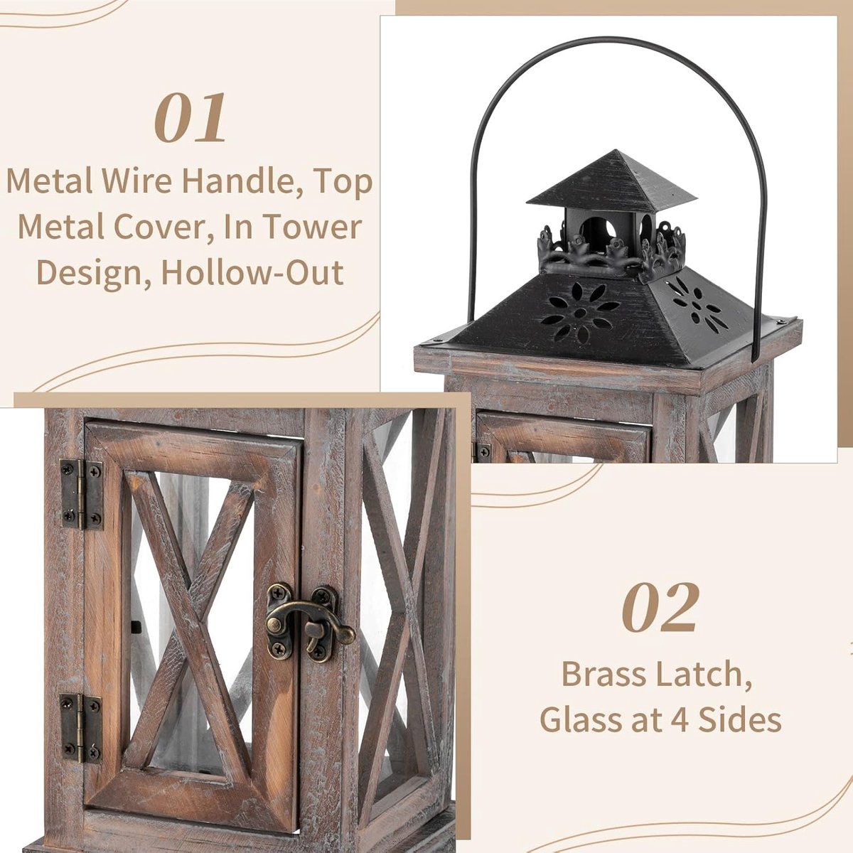 Vintage Wooden and Metal Lantern Candle Holder, Decorative Lantern Stand for Outdoor Country Wedding Centerpiece, Hanging Lamp, Farmhouse Style, Indoor and Outdoor Decoration, 28cm