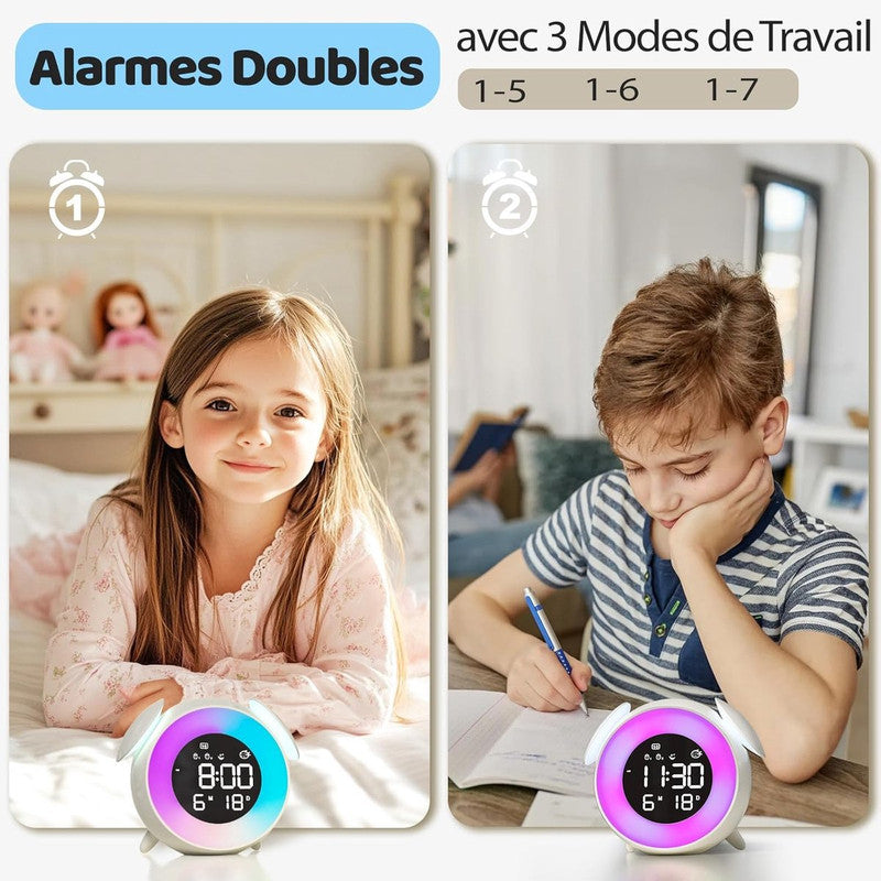Children's alarm clock, educational day/night alarm clock with 15-color night light, snooze function, 2 alarms, weekday/weekend mode, digital alarm clock for girls and boys