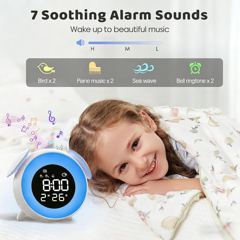 Children's alarm clock, educational day/night alarm clock with 15-color night light, snooze function, 2 alarms, weekday/weekend mode, digital alarm clock for girls and boys