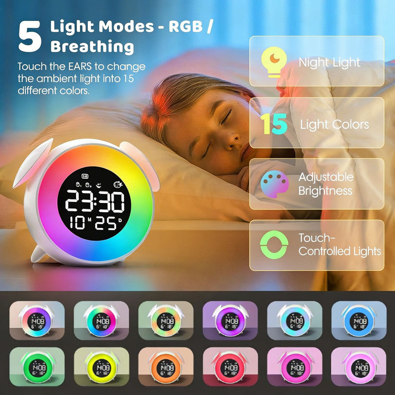 Children's alarm clock, educational day/night alarm clock with 15-color night light, snooze function, 2 alarms, weekday/weekend mode, digital alarm clock for girls and boys