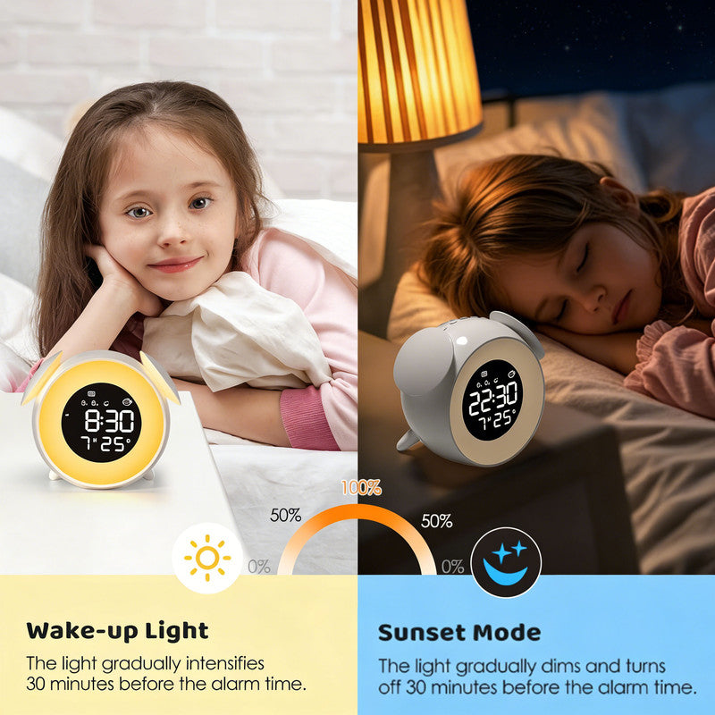 Children's alarm clock, educational day/night alarm clock with 15-color night light, snooze function, 2 alarms, weekday/weekend mode, digital alarm clock for girls and boys