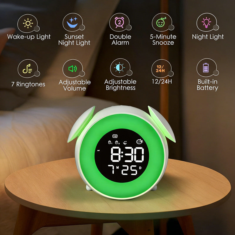 Children's alarm clock, educational day/night alarm clock with 15-color night light, snooze function, 2 alarms, weekday/weekend mode, digital alarm clock for girls and boys