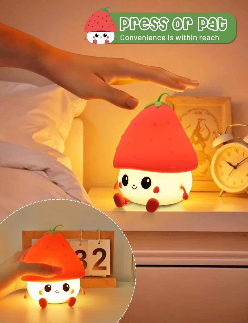 Strawberry LED Night Light USB Rechargeable Dimmable for Kids Baby Girls, Red, Silicone