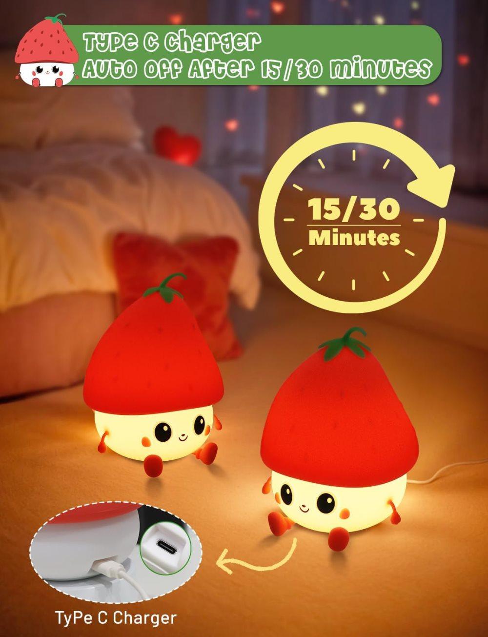 Strawberry LED Night Light USB Rechargeable Dimmable for Kids Baby Girls, Red, Silicone