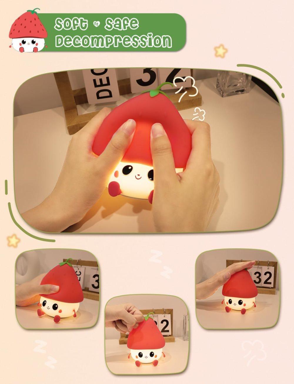 Strawberry LED Night Light USB Rechargeable Dimmable for Kids Baby Girls, Red, Silicone