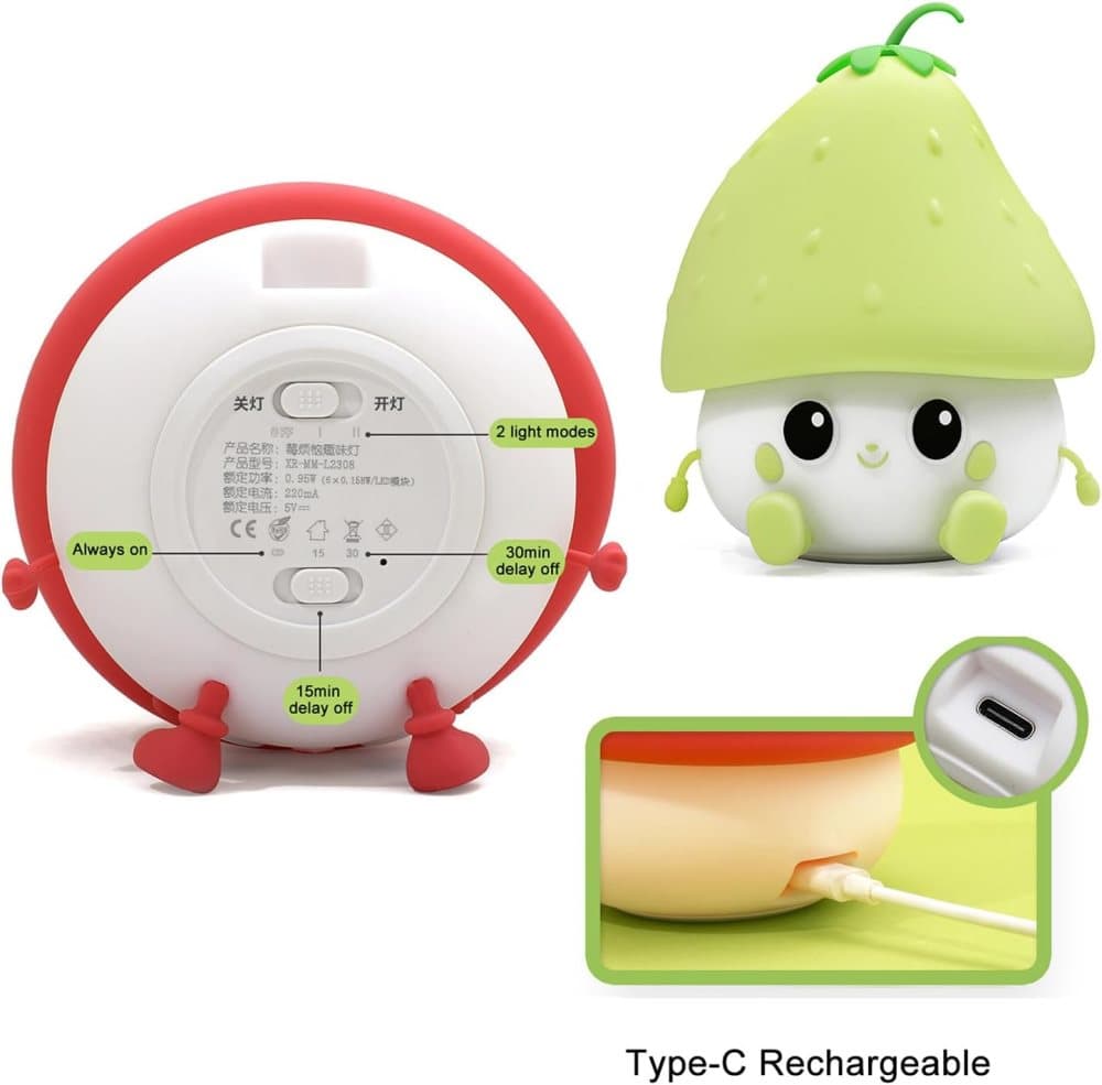 Sweet Strawberry LED Night Light USB Rechargeable Dimmable for Kids Baby Girls, Pink, Compatible with Bedside Table Children's Room