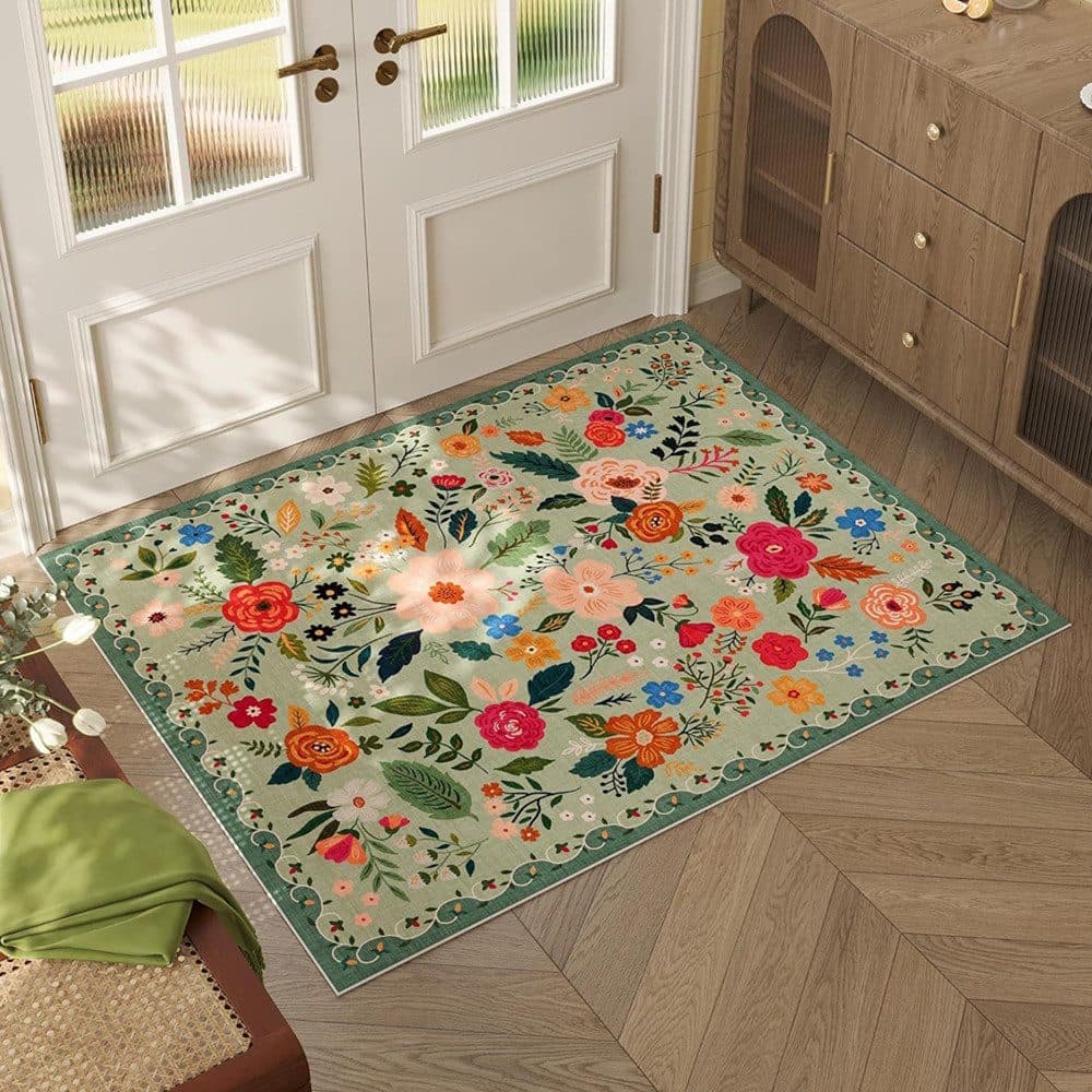 Non-slip Bohemian Floral Doormat Absorbent Dirt-Resistant Machine Washable for Bathroom Hallway and Kitchen, 60x90cm, Green