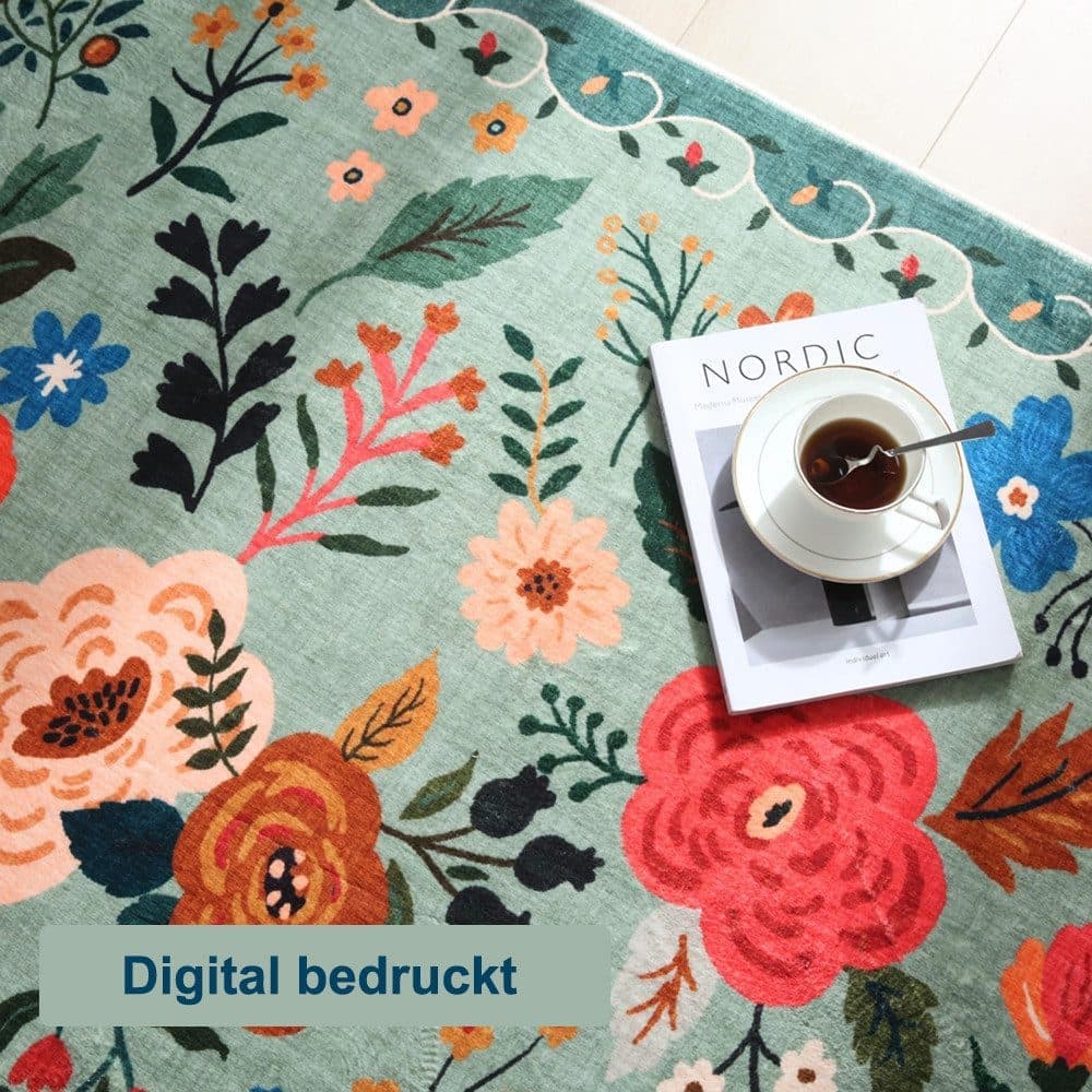 Non-slip Bohemian Floral Doormat Absorbent Dirt-Resistant Machine Washable for Bathroom Hallway and Kitchen, 60x90cm, Green