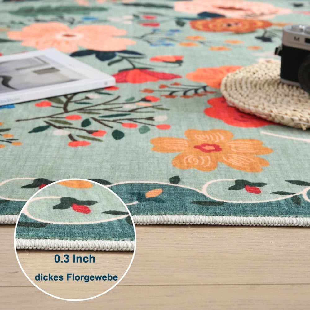 Non-slip Bohemian Floral Doormat Absorbent Dirt-Resistant Machine Washable for Bathroom Hallway and Kitchen, 60x90cm, Green