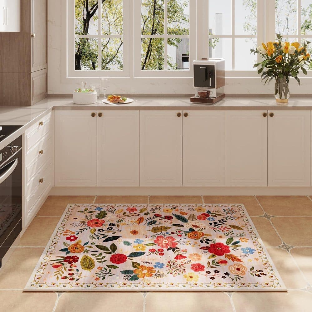 Bohemian Floral Doormat Non-slip Absorbent Dirt-Resistant Machine Washable for Bathroom Hallway and Kitchen, 60x90cm, Beige