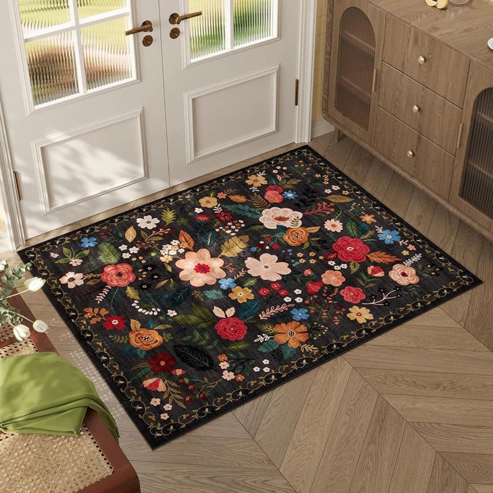Bohemian Floral Doormat Non-slip Absorbent Dirt-Resistant Machine Washable for Bathroom Hallway and Kitchen, 60x90cm, Black