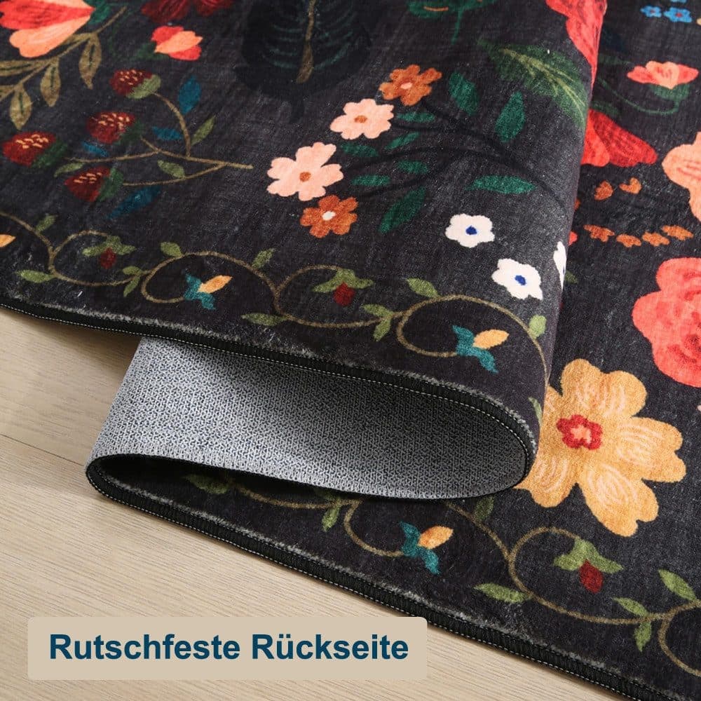 Bohemian Floral Doormat Non-slip Absorbent Dirt-Resistant Machine Washable for Bathroom Hallway and Kitchen, 60x90cm, Black