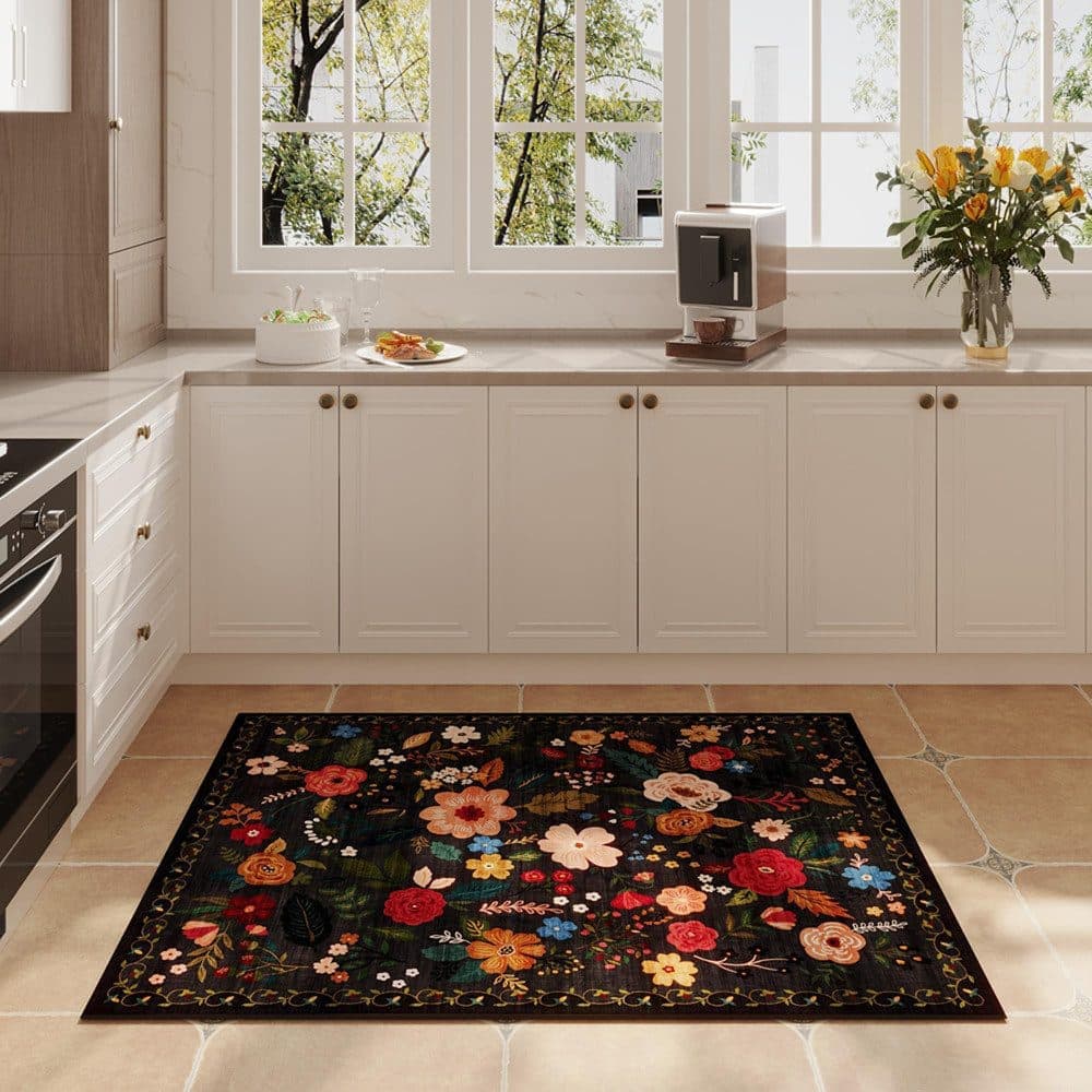 Bohemian Floral Doormat Non-slip Absorbent Dirt-Resistant Machine Washable for Bathroom Hallway and Kitchen, 60x90cm, Black