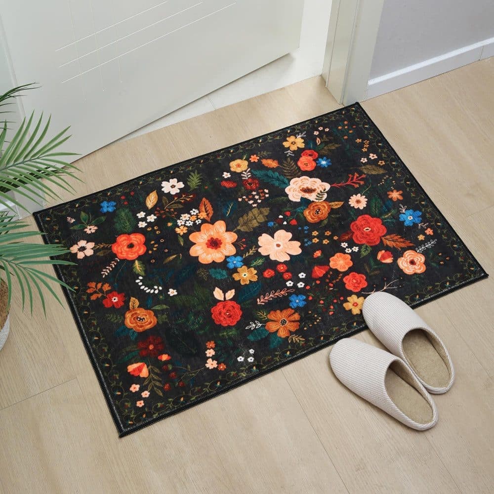 Bohemian Floral Doormat Non-slip Absorbent Dirt-Resistant Machine Washable for Bathroom Hallway and Kitchen, 60x90cm, Black