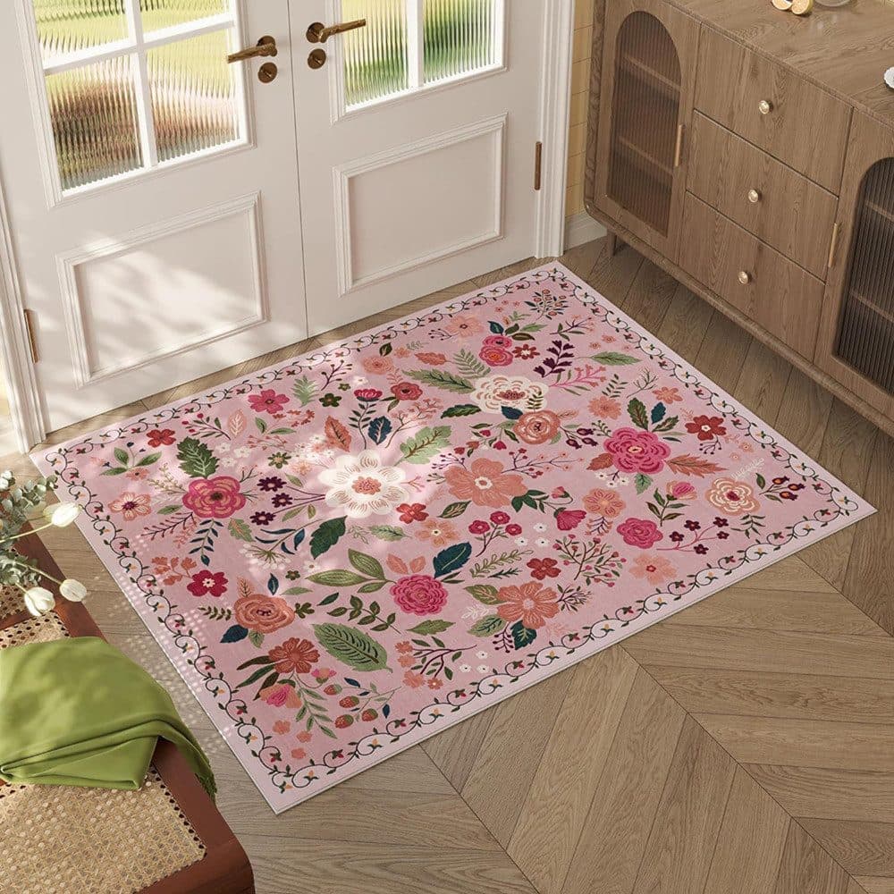 Bohemian Floral Doormat Non-slip Absorbent Dirt-Resistant Machine Washable for Bathroom Hallway and Kitchen, 60x90cm, Pink