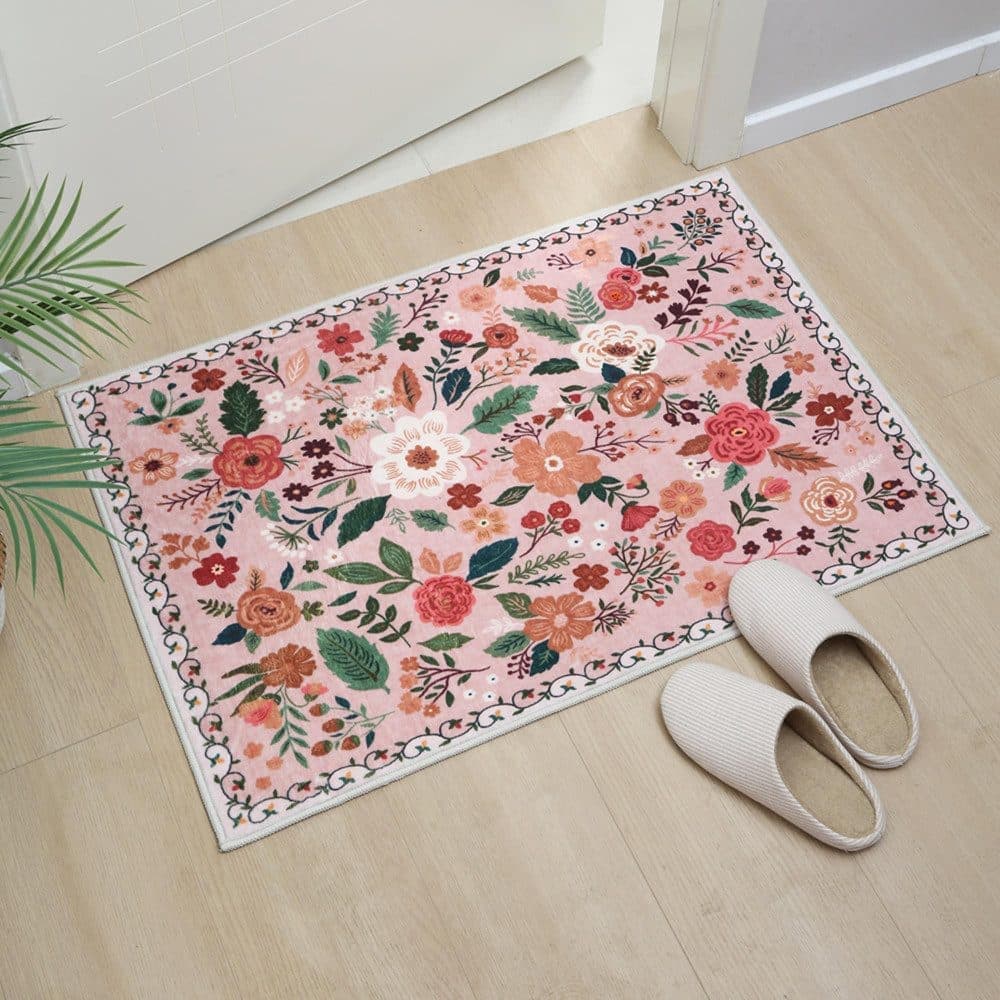 Bohemian Floral Doormat Non-slip Absorbent Dirt-Resistant Machine Washable for Bathroom Hallway and Kitchen, 60x90cm, Pink