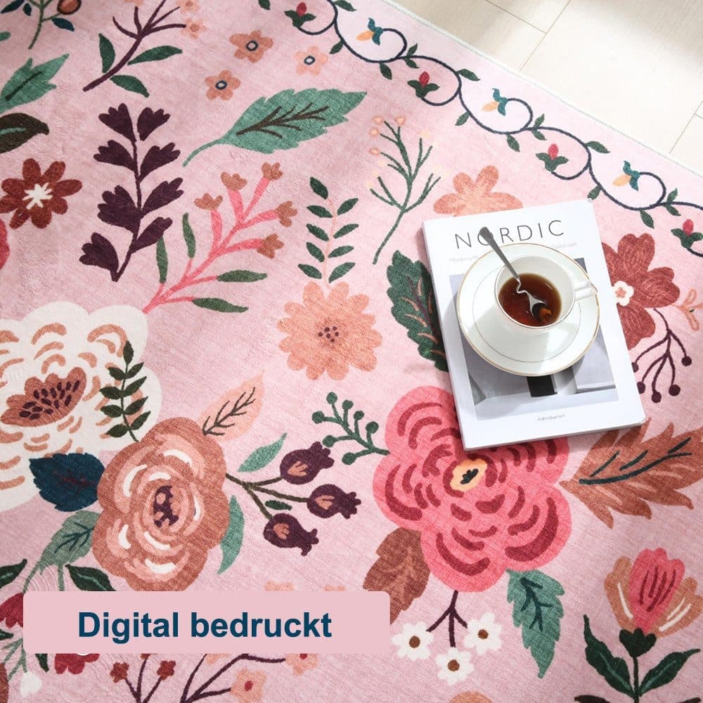 Bohemian Floral Doormat Non-slip Absorbent Dirt-Resistant Machine Washable for Bathroom Hallway and Kitchen, 60x90cm, Pink
