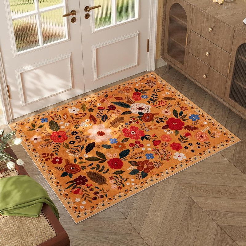 Floral Doormat Non-slip Absorbent Dirt-Resistant Machine Washable for Bathroom Hallway and Kitchen, 40x60cm, Orange