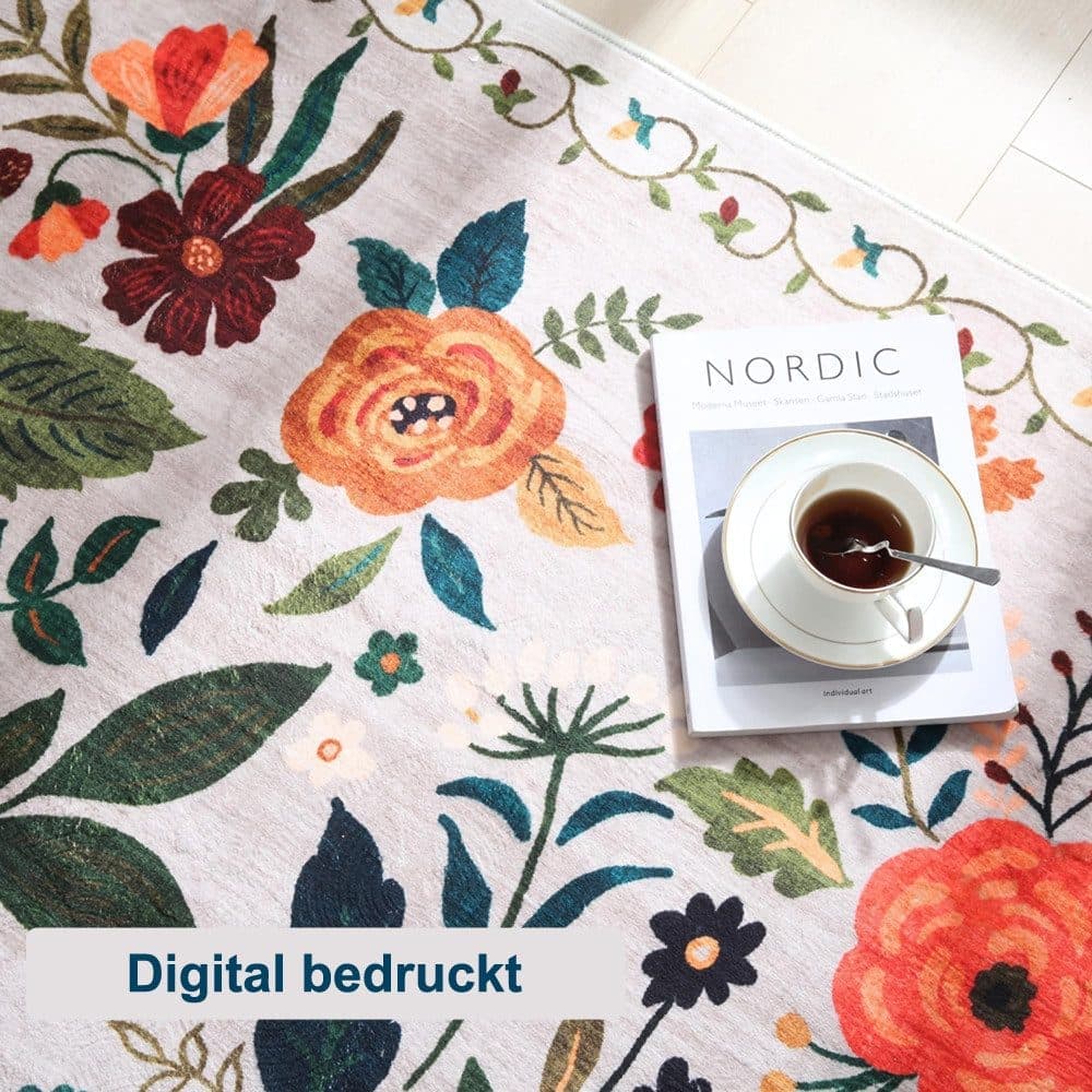 Bohemian Floral Doormat Non-slip Absorbent Dirt-Resistant Machine Washable, 60x90 cm, Beige