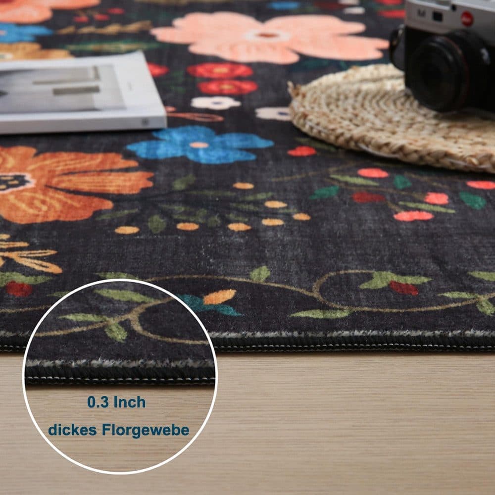 Bohemian Floral Doormat Non-slip Absorbent Dirt-Resistant Machine Washable for Bathroom Hallway and Kitchen, 40x60cm, Black