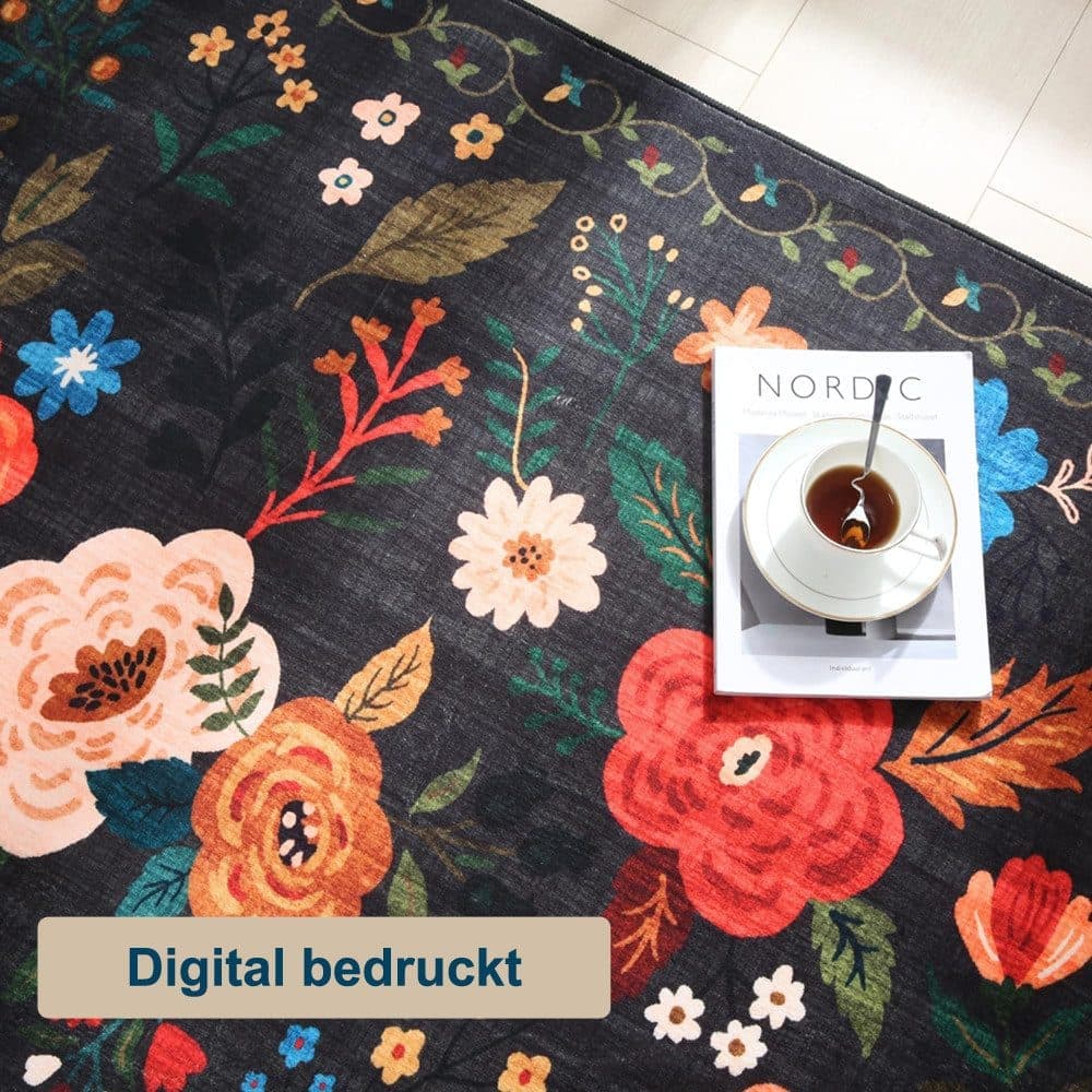 Bohemian Floral Doormat Non-slip Absorbent Dirt-Resistant Machine Washable for Bathroom Hallway and Kitchen, 40x60cm, Black