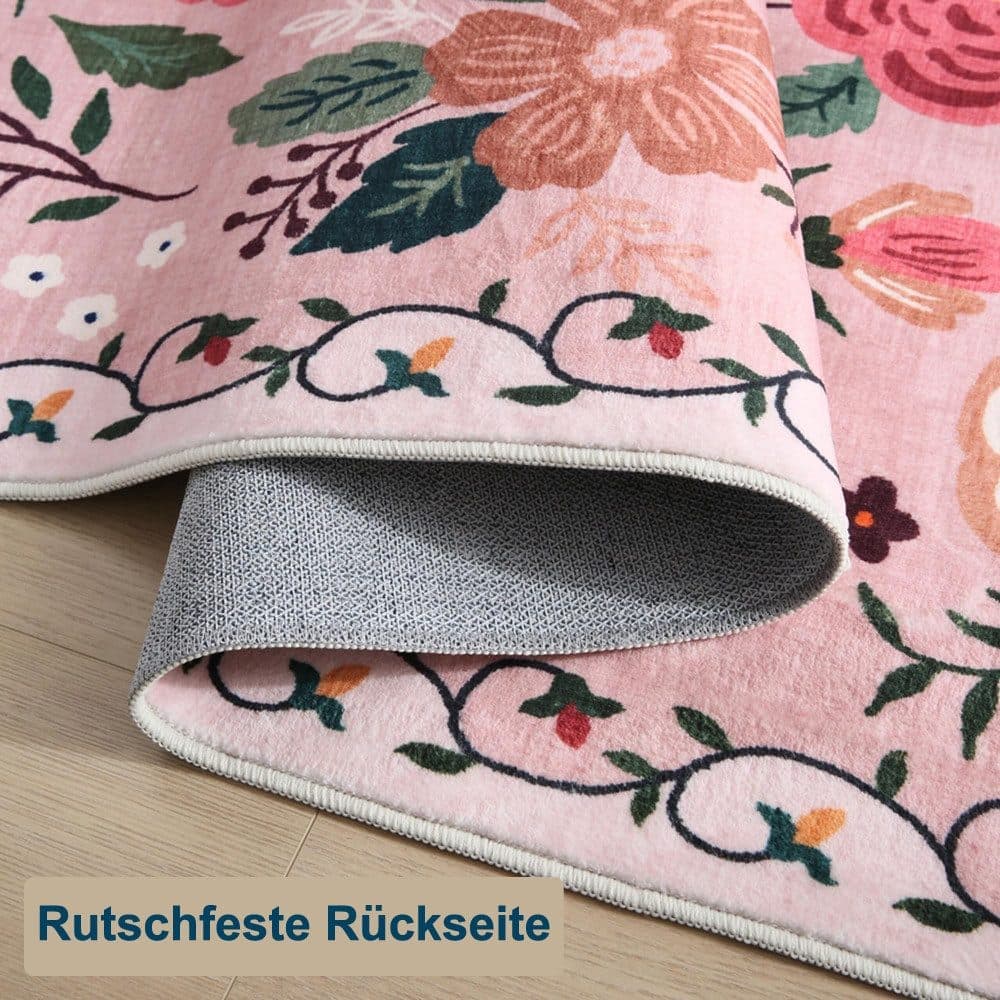 Non-Slip Bohemian Floral Doormat Absorbent Dirt-Resistant Machine Washable for Bathroom Hallway and Kitchen, 40x60cm, Pink