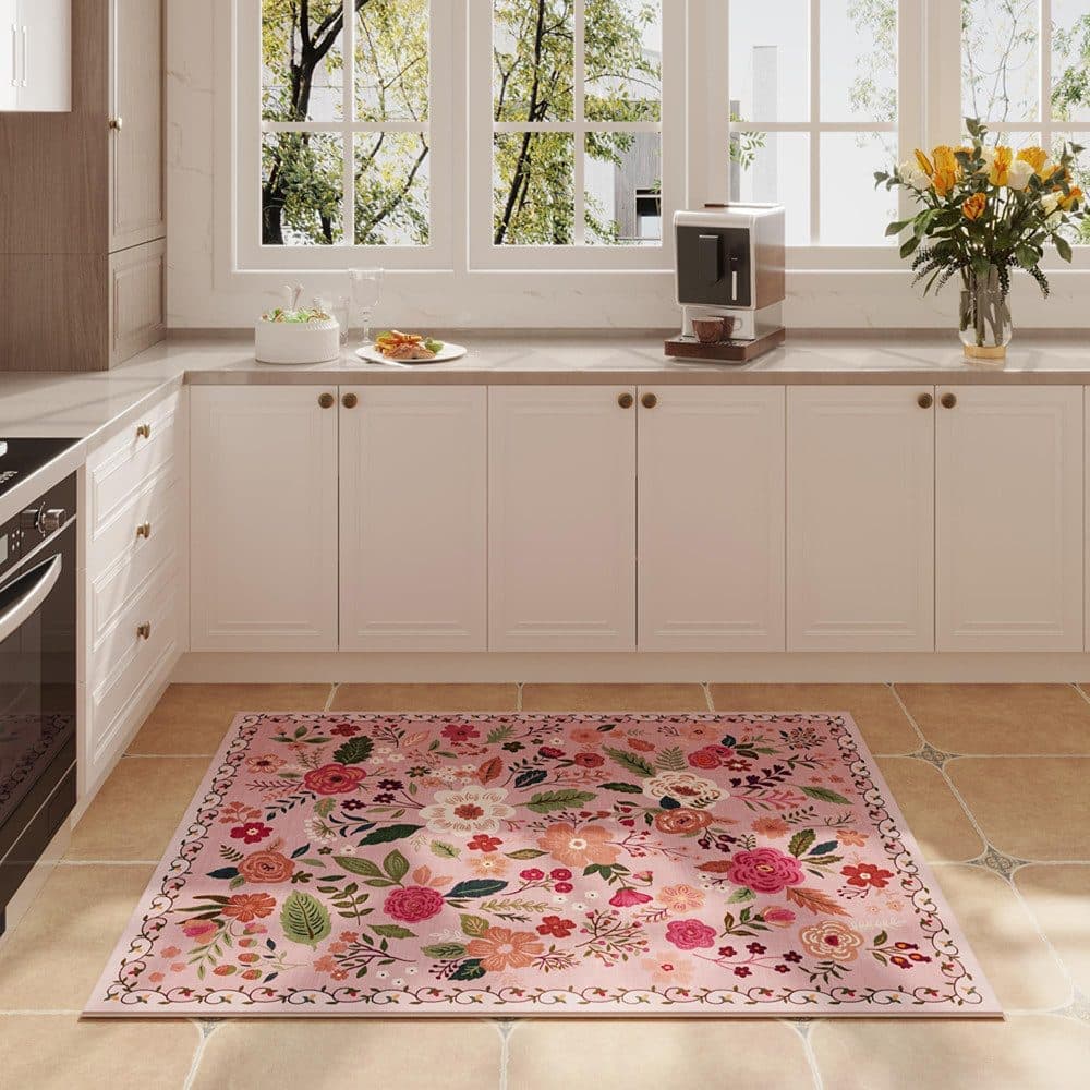 Non-Slip Bohemian Floral Doormat Absorbent Dirt-Resistant Machine Washable for Bathroom Hallway and Kitchen, 40x60cm, Pink