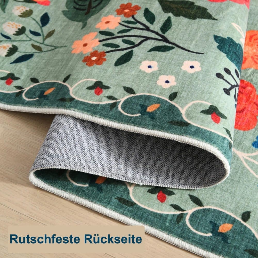 Bohemian Floral Doormat Non-slip Absorbent Dirt-Resistant Machine Washable for Bathroom Hallway and Kitchen, 40x60cm, Green